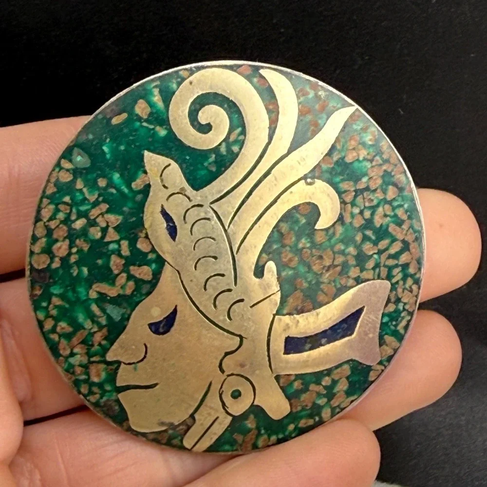 Vintage Taxco Brooch Warrior Silver Tone Enamel